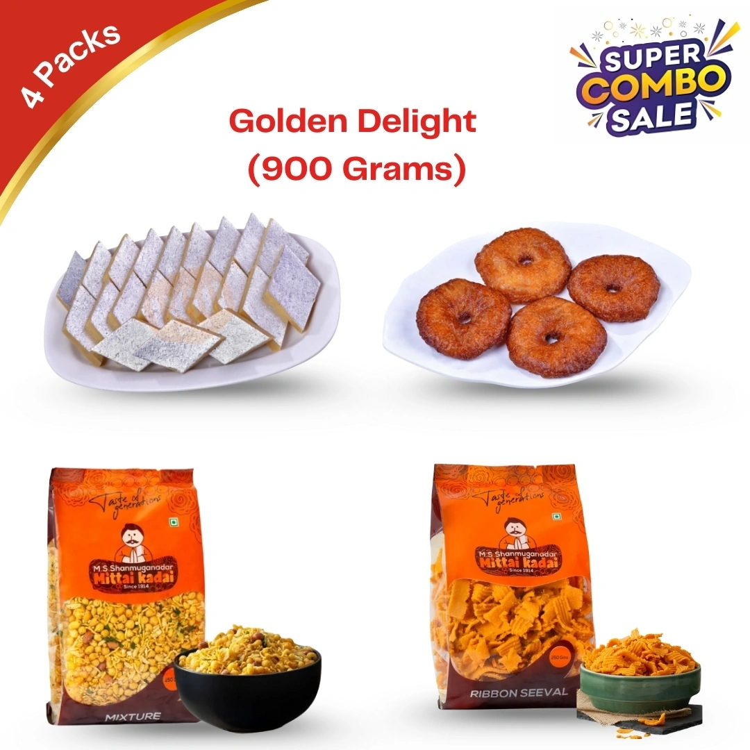 Kaju Katli 200g - Trichy BG Group; Adhirasan 200g - Trichy BG Group; Mixture 250g - Mittai Kadai Sattur; Ribbon Seval 250g -Mittai Kadai Sattur.